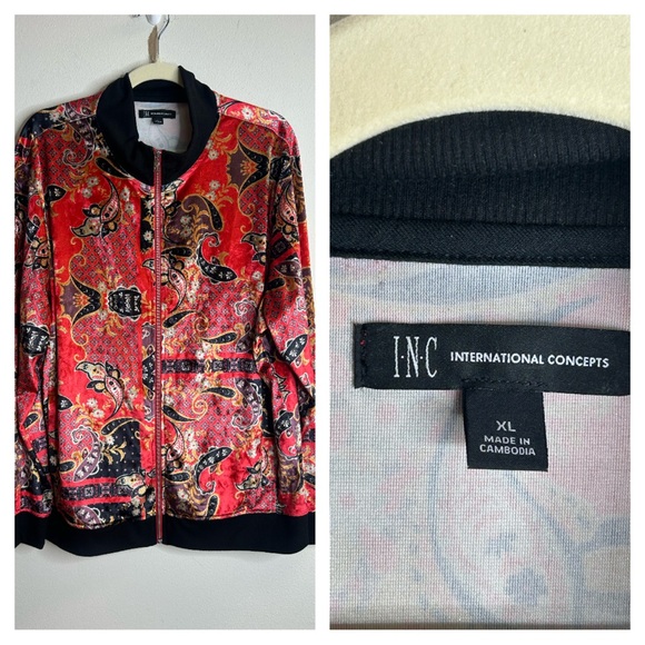 INC International Concepts Jackets & Blazers - INC International Concepts Red Black Paisley Bomber Jacket Velvet Hip Hop Lux